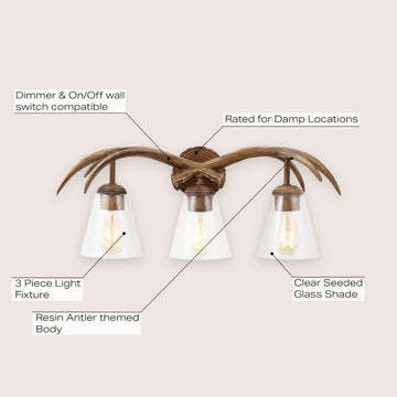 Wyatt 25.5" 3-Light Southwestern Bohemian Resin/Seeded Glass Faux Antler LED Vanity Light - JONATHAN Y